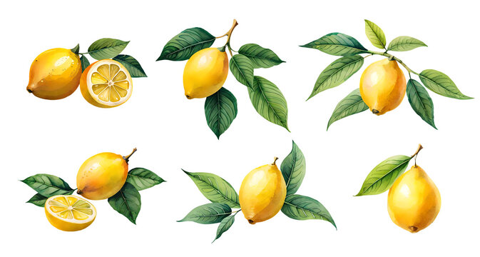 Watercolor lemon fruits with leaves. Generative Ai