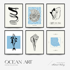 Abstract ocean and sea posters template. Modern sea Botanical trendy black style. Vintage seaweed, fish, shell. Ink wall  art. © KozyPlace