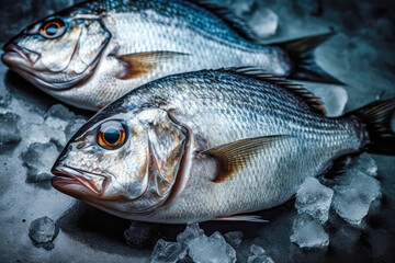Obraz premium top down view of raw sea bream fish dorado on ice. space for text. generative AI