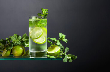 Mojito with ice, lime, and mint.
