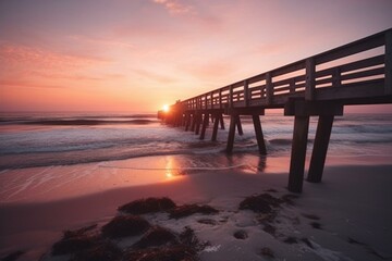 Fototapeta na wymiar Tybee Island, Georgia: Beautiful pink sunrise. Generative AI