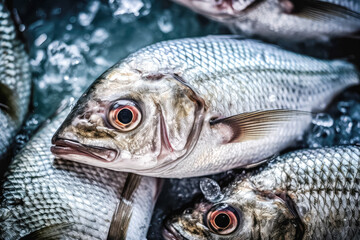 Obraz premium top down view of raw sea bream fish dorado on ice. space for text. generative AI