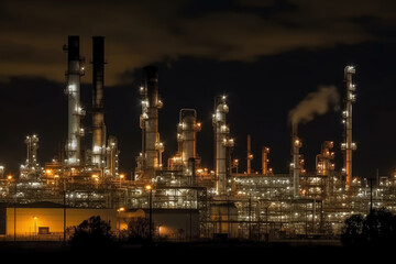 Fototapeta na wymiar Oil refinery at night, AI Generated, environmental protection