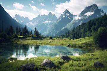 Fototapeta na wymiar lake in the mountains | Majestic Peaks and Pristine Water | Generative AI