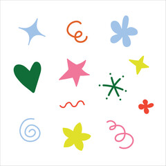 A set of simple doodle elements, editable multicolor hand drawn shapes on white background