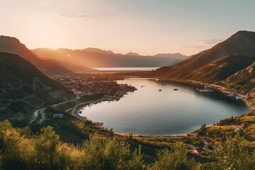 The shimmering water surface of the lake mirrors the vibrant colors of the setting sun, creating a magical and romantic atmosphere.