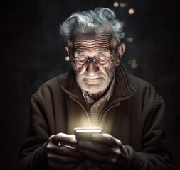 A  old  man with a white beard is using a phone in the dark. Generated AI