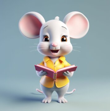 A cute cartoon 3d mouse holding a book. Generated AI