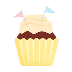 Cupcake in yellow basket with flags, baking for holiday, cake for a gender party, Cake with flags