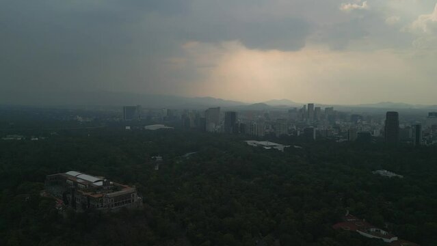 Aerial view of the Chapultepec Forest in Mexico City. Aerial view of the buildings of Mexico City. Castle chapultepec