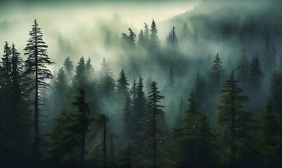forest of trees with fog in the background