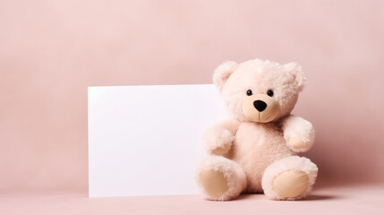 Cute teddy bear with blank sheet, empty mock up. Generative AI.
