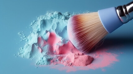 Makeup brush with colorful powder on blue background. Top view. Colorful powder makeup brush on blue background. Cosmetic makeup brush. Cosmetics concept. AI generated content.