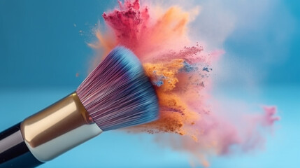 Makeup brush with colorful fry powder splashes on a blue background. Cosmetics concept. Creative art composition. AI generated content.