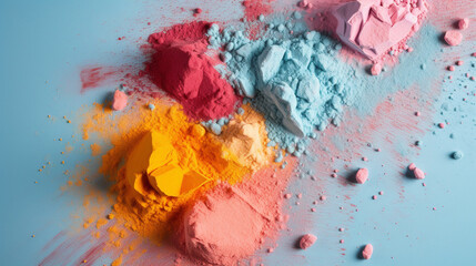 Scattered  multicolored powder for shadows is on a blue background close-up. Top view. Art concept for cosmetic brands. Crushed cosmetic powder. AI generated.