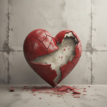 Red broken heart on grunge background. Love concept. Grunge cracked heart on concrete wall, valentine concept. A symbol of unrequited love. Unhappy love. AI generated content.