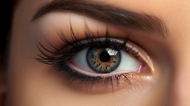 Close-up of woman's brown eye with black  long eyelashes. Black mascara cosmetic concept. A close-up of a woman's brown eye with lengthy lashes. Macro shot of female eye