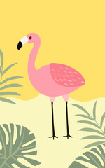 The essence of summertime enjoyment. Background with a seaside landscape, colorful palm leaves, pink flamingo. A of summer themed posters. Vector. 