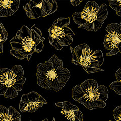 Seamless pattern with golden color spring flowers. Vector illustration.