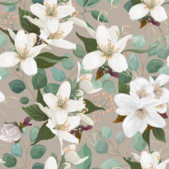Seamless pattern with jasmine flowers. Vector illustration.