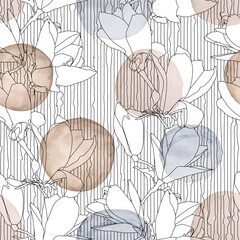 Seamless pattern with magnolia flowers and watercolor texture. Vector illustration.