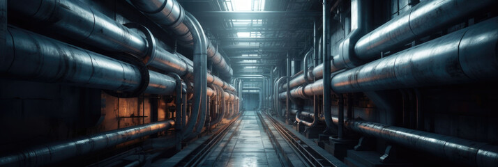 an industrial pipeline or power plant. industrial pipes in industrial facility.  Banner. Generative AI
