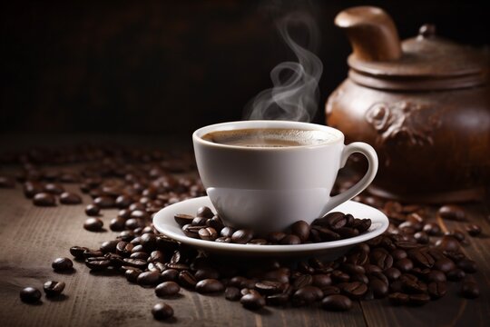 bean aroma brown morning mug espresso cafe breakfast drink cup. Generative AI. © SHOTPRIME STUDIO