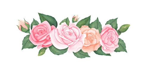 Naklejka premium Watercolor pink peach Roses and green leaves. Hand drawn illustration for greeting cards or wedding invitations on isolated background