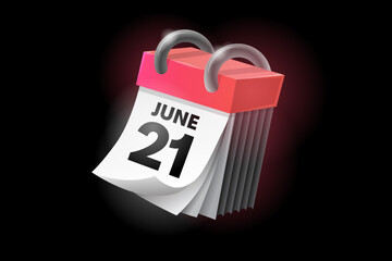 June 21 3d calendar icon with date isolated on black background. Can be used in isolation on any design.