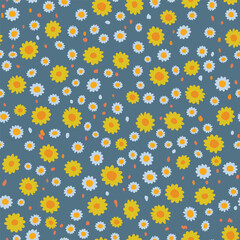 Bright floral seamless pattern, vector graphics, daisy flowers, white and yellow, blue background, feminine print for textile, nature inspired, for spring and summer, repeating flat art