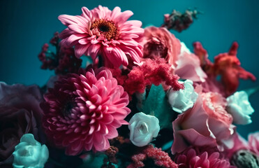 pink bouquets are on light blue background