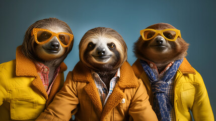 Gang family of sloth in vibrant bright fashionable outfits, commercial, editorial advertisement, surreal surrealism. Group shot. Generative AI