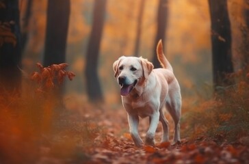 Golden Labrador is walking in the forest. Generative AI.
