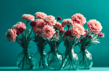 pink bouquets are on light blue background