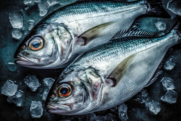 Fototapeta premium top down view of raw sea bream fish dorado on ice. space for text. generative AI