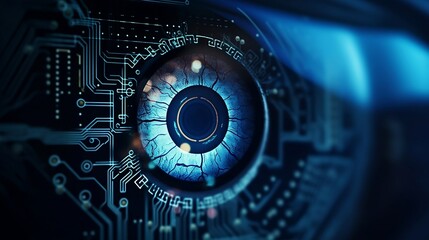 Illustrate the concept of artificial intelligence with a close-up of a human eye that has a digital circuit pattern on the iris, the contrast between the organic and the synthetic