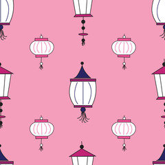 seamless repeat pattern with simple and cute colorful lanterns on a pink background perfect for fabric, scrap booking, wallpaper, gift wrap projects
