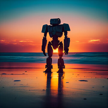 robot on the beach - AI generated image