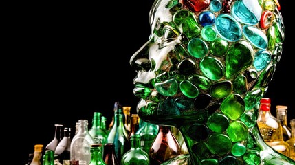 Three dimensional human figure made of recycled glass bottles to draw attention to environmental protection and recycling. Generative ai
