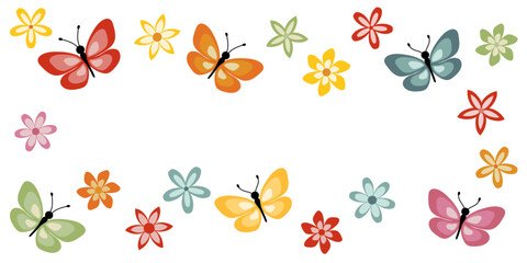 Rahmen aus bunten Schmetterlingen und Blüten. Freier Raum für Text. Geeignet für Einladungen, Grüße, Verkaufsbanner, Werbung, Flyer, Poster, Webseite.