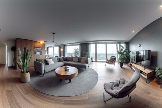 HDRI Panorama Of Living Room With Furniture, TV In Equirectangular Projection. VR Content. Generative AI