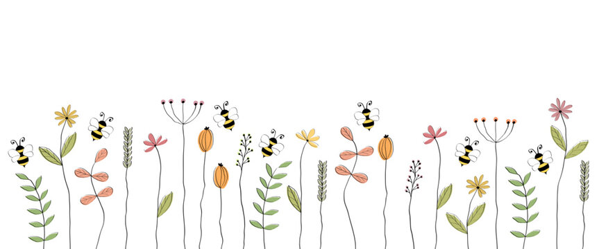 Vektorbanner mit liebevoll gezeichneten Bienen und Blumen. Freier Platz f&uuml;r Text. Vorlage f&uuml;r Einladungen, Gru&szlig;karten, Webseiten, Flyer, Poster.