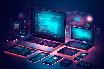 Development of cross-platform websites and mobile apps for laptops. technology used to write software and mobile application code. programming a graphic interface's responsive layout, generative ai - obrazy, fototapety, plakaty