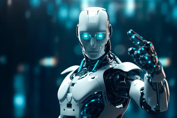 Cyber digital world android robot pointing finger computer coding AI chatbot background futuristic future digital technology artificial intelligence automated.  Ai generated
