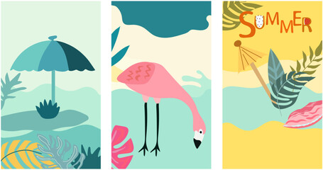 An imaginative backdrop featuring a picturesque seaside landscape, a vibrant sun, flamboyant foliage, and the playful presence of a flamingo. A collection of summer-themed posters. Vector.