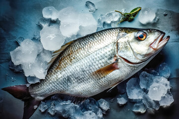 top down view of raw sea bream fish dorado on ice. space for text. generative AI