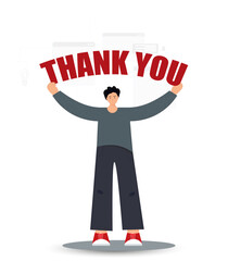 Person holding message with text Thank you, flat vector illustration
