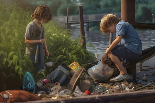Children clean up garbage near the river. World cleaning or Earth day, Generative AI