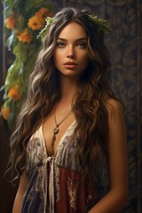 Obraz na płótnie Canvas AI-generated non-existing beautiful young brunette woman boho-inspired