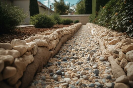 Installation Of Stones And Gravel Surrounding Home's Water Drainage Pipe For Efficient French Drain System. Generative AI